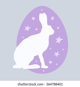 Cute Easter illustration with bunny, egg and stars in vector. Greeting card with rabbit