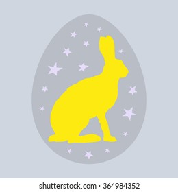 Cute Easter illustration with bunny, egg and stars in vector. Greeting card with rabbit