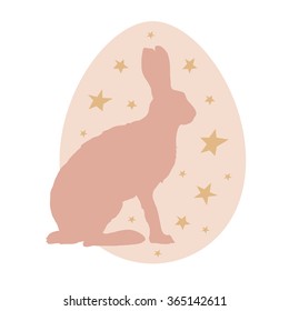Cute Easter illustration with bunny, egg and stars in vector. Greeting card with rabbit
