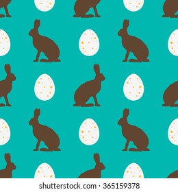 Cute Easter illustration with bunny, egg and stars in vector. Seamless pattern with rabbit