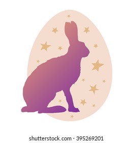 Cute Easter illustration with bunny, egg and stars in vector. Greeting card with rabbit