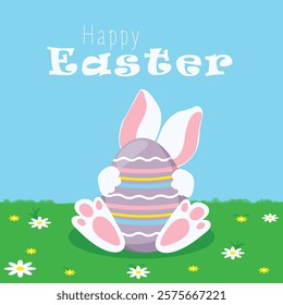 Cute easter illustration with a bunny sitting on a big colorful egg in green grass with white flowers