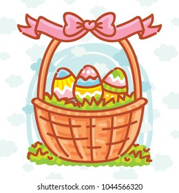 Cute Easter illustration with colored eggs on blue clouds background. Happy Easter. Hand drawn holiday art in vector cartoon style for greeting card, poster, banner, invitation, decoration, print