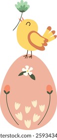 Cute Easter illustration with egg, flowers and a bird. Colourful vector composition in flat style. Holiday and spring drawing