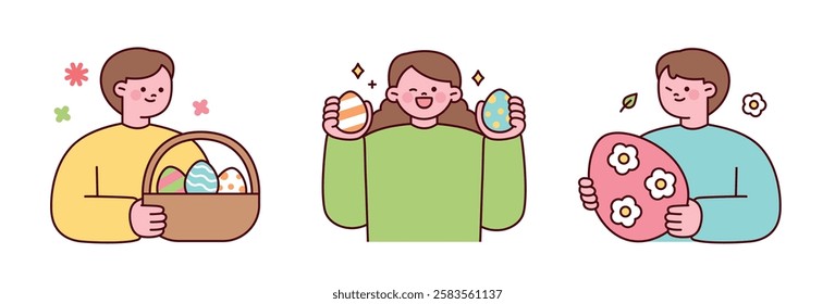 A cute Easter illustration featuring three characters holding decorated eggs and a basket. Soft pastel colors and a minimalist flat design style. 