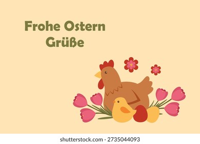 Cute Easter Illustration With Hen And Chick, Spring Flowers And German Easter Greeting