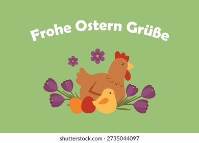 Cute Easter illustration with hen and chick, spring flowers and Frohe Ostern Grüße greeting in german
