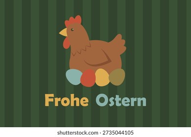 Cute Easter Illustration With Hen And Colorful Eggs, Frohe Ostern Greeting And Cozy Spring Design