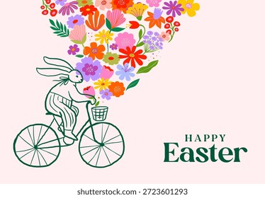 Nette Ostergrafik mit Kaninchen und bunten Frühlingsblumen. Verspielter Volkskunststil mit pastellfarbenem Hintergrund und skurrilen Blumenelementen. Perfekt für Ostergrüße, Urlaubskarten, Kindergartenkunst