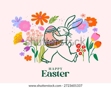 Cute Easter illustration with rabbits and colorful spring flowers. Playful folk art style with pastel background and whimsical floral elements. Perfect for Easter greetings, holiday cards, nursery art