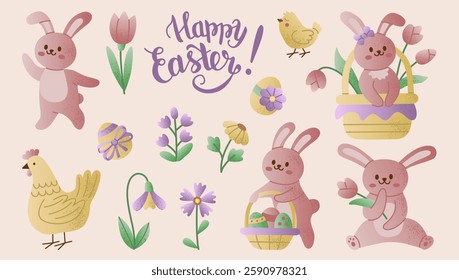 Cute Easter illustration set with bunnies, flowers, eggs, and chickens in pastel colors, perfect for spring-themed designs, holiday decorations, and festive projects.