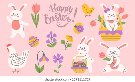 Cute Easter illustration set with bunnies, chicks, flowers, and decorated eggs on pink background, perfect for holiday greeting cards, social media posts, and spring-themed designs.