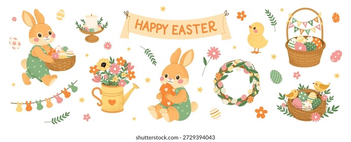 Lindo conjunto de ilustración de Pascua con personajes de conejito, huevos, cestas, flores, coronas y decoraciones de primavera. Adorables Elementos de Pascua. Ilustración vectorial plana aislada sobre fondo blanco.