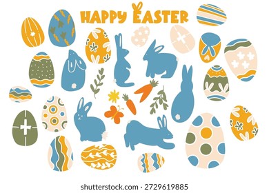 Cute Easter illustration set with bunny silhouettes, decorated eggs, carrots, flowers, and holiday elements in flat cartoon style. Colorful vector collection suitable for Easter cards, packaging, prints, stickers, and seasonal designs.