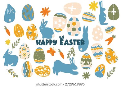 Lindo conjunto de ilustración de Pascua con siluetas de conejito, huevos decorados, zanahorias, flores y Elementos de vacaciones en estilo de dibujos animados planos. Colección de Vector colorida conveniente para las tarjetas de Pascua, empaquetado, impresiones, pegatinas, y diseños estacionales.