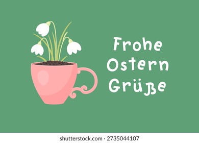 Cute Easter illustration with spring flowers in cup, Frohe Ostern Grüße greeting, cozy floral holiday design