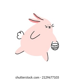 Cute easter isolated pink bunny runs with basket in its paw. Good for greeting cards, banners, invitations, flyers.