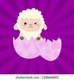 Cute Easter lamb with broken easter egg decoration.vector illustrations