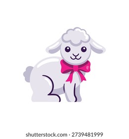 Cute Easter lamb mascot with pink bow, church fair illustration for nursery wall art, baby shower invitations, kids craft session