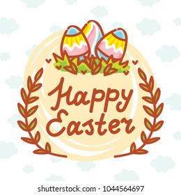 Cute Easter lettering with colored eggs and flowers. Happy Easter. Hand drawn holiday art in vector cartoon style for greeting card, poster, banner, invitation, decoration, print