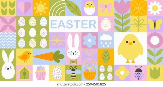 Cute easter modern geometric mosaic seamless pattern. Simple shapes and icons in flat minimalist style. Spring vector ornament for print, banner, card, fabric, cover, wrapping paper, wallpaper