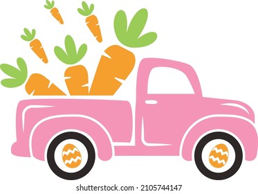 Cute Easter Old Truck Carrying Carrots Vector Illustration Isolated On White Background. Easter Clipart Perfect For Kids Apparel, T-shirts, Cards And So On