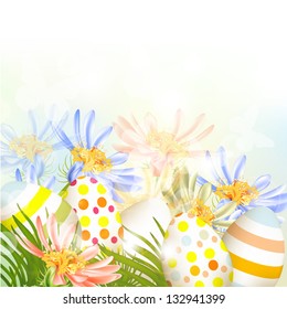 Cute Easter outdoor background with clear space, grass and eggs