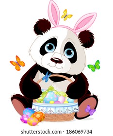 Cute Easter Panda holding basket full of eggs