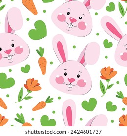 Cute Easter pattern with bunnies, carrots and hearts. Easter background for textile, covers, banners.