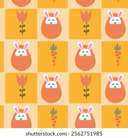 Cute easter pattern with bunnies, carrots, and tulips in a warm color palette.