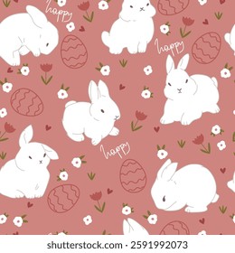 Cute Easter pattern with bunnies, flowers and eggs, word happy. Seamless pattern with animals for Easter.