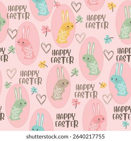 Cute Easter pattern with bunnies, pastel flowers, and hearts. Soft colors make it perfect for fabric, gift wrap, home decor, and spring-themed crafts. Seamless and sweet design.