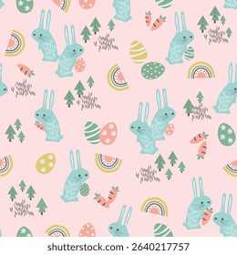 Cute Easter pattern with bunnies, pastel flowers, and hearts. Soft colors make it perfect for fabric, gift wrap, home decor, and spring-themed crafts. Seamless and sweet design.