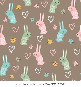 Cute Easter pattern with bunnies, pastel flowers, and hearts. Soft colors make it perfect for fabric, gift wrap, home decor, and spring-themed crafts. Seamless and sweet design.
