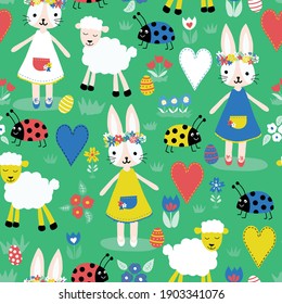 Cute Easter pattern with bunnies, sheep, ladybugs, hearts, eggs and flowers in bright colors. Seamless vector holiday background. Hand drawn cute illustration for fabric, wrapping, Easter decor, card.