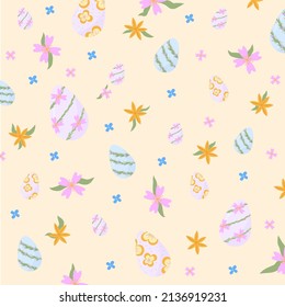 
Cute Easter pattern for cards, invitations and decor. Vector design. Colored Easter eggs and flowers.