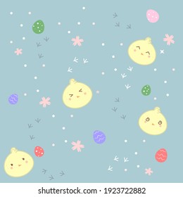 Cute Easter pattern with chickens, eggs and flowers on a blue background
