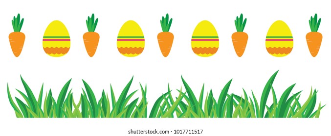 Cute easter pattern with eggs, carrots and grass. Vector colorful background for holidays.