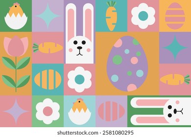 Cute easter pattern in geometric style with bunny, chick, eggs and carrot