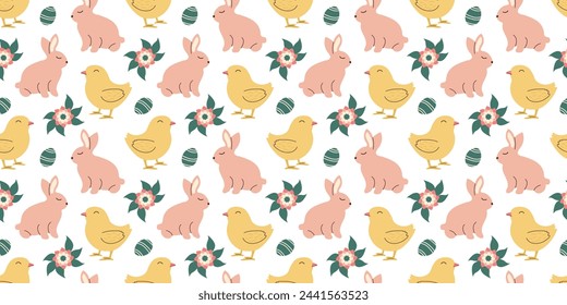 Cute Easter pattern with pink bunnies, chicks and flowers in pastel colors. Seamless design in doodle style. Endless Illustration with animals. White rabbits with botanical elements.