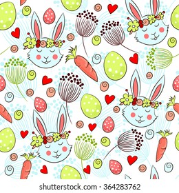 Cute Easter pattern with rabbits in floral garlands, carrots and eggs. Vector illustration.