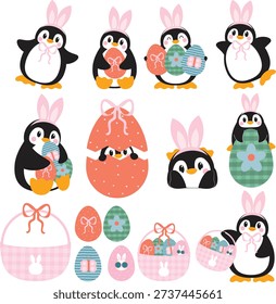 Cute Easter Penguin Illustration Set with Bunny Ears
