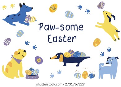 Süße Osterhaustier Illustration mit Hunden, Eiern und Pfotenabdrücken im verspielten flachen Vektor-Cartoon-Stil