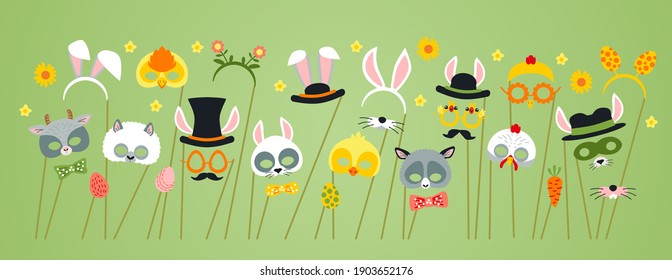 Cute Easter photo booth props as set of party graphic elements of easter bunny costume as mask, ears, eggs, carrot etc. Vector illustration