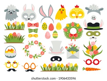 Cute Easter photo booth props as set of party graphic elements of easter bunny costume as mask, ears, eggs, carrot etc. Vector illustration. Vector illustration