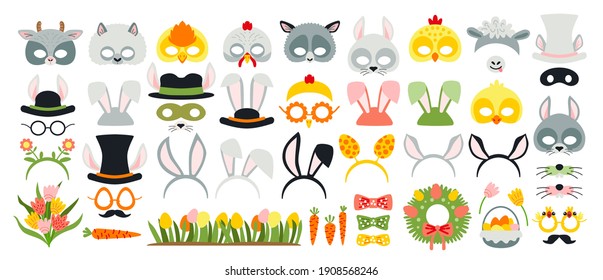 Cute Easter, la cabina de fotos es un conjunto de elementos gráficos de fiesta de los trajes de conejo de Pascua como máscara, orejas, huevos, zanahoria, etc. Ilustración vectorial. Ilustración del vector