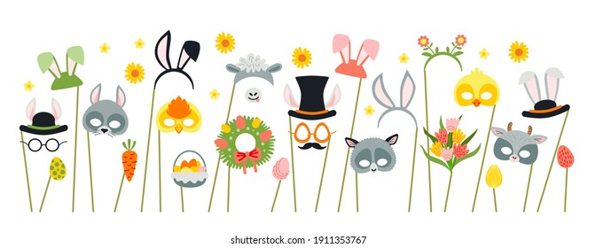 Cute Easter photo booth props as set of party graphic elements of easter bunny costume as mask, ears, eggs, carrot etc. Vector illustration