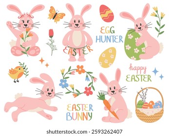 Cute Easter pink bunnies collection. Happy rabbit characters with Easter eggs, chicks, flowers. Flat style vector illustration for Easter card, sticker, banner, packaging design.
