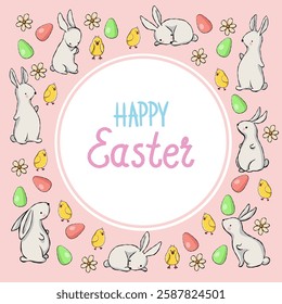 Cute Easter postcard with bunnies and chicks