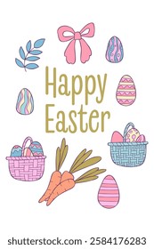 Cute easter postcard with easter elements, florals and decorations in pastel colours.